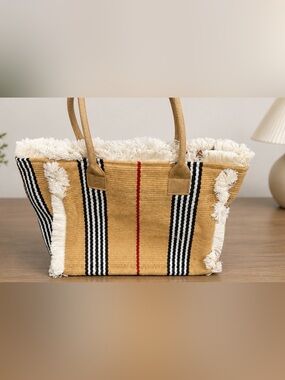 Fringe-Trim Woven Tote in Tan with Black, White & Red Accents